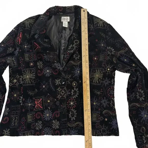 VTG Chico’s 0 Black Embroidered Suede Jacket Colorful Cotton‎ Boho Artsy Artwear - Picture 6 of 7